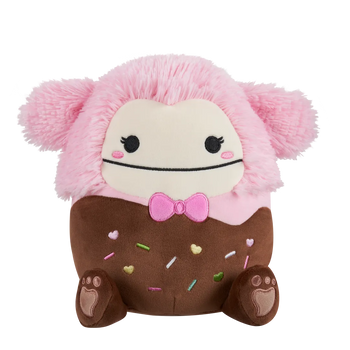 Squishmallows Brina de in chocolade gedoopte roze Bigfoot met roze strik, 20 cm