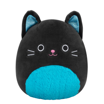 Squishmallows Eponine - Zwarte kat met neonblauwe pluizige buik en glinsterende oren, 20 cm
