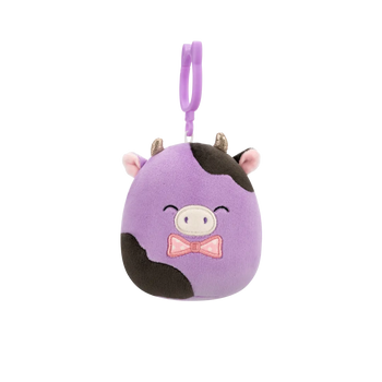 Squishmallows Clip-On Alexie de paars/zwarte koe met strik, 9 cm