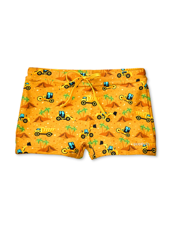 Vrolijk elastisch zwemshort voor kinderen Graafmachine op het strand