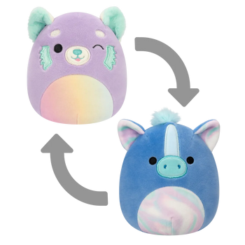 Squishmallows 2-in-1 Lexis de paarsrode panda/Romano de blauwe hippocampus, 13 cm