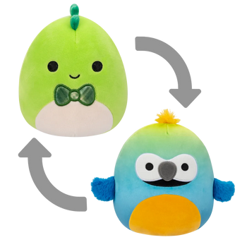 Squishmallows 2-in-1 Danny de groene dino/Doop de blauwgele ara, 13 cm
